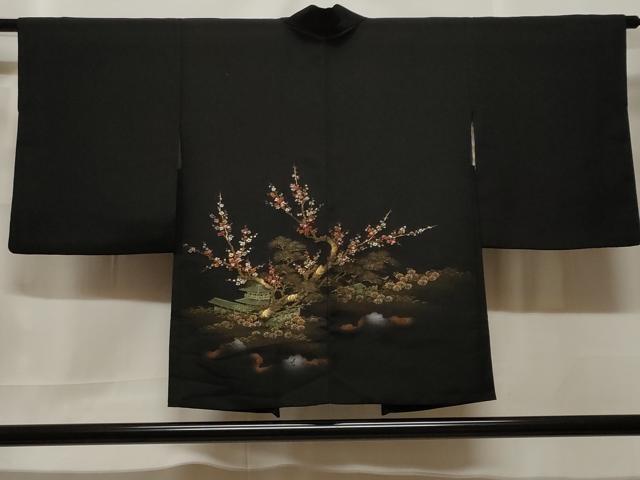 平和屋着物＃羽織　寿光織　風景枝梅文　黒地　金糸　正絹　逸品　CABF3950ev