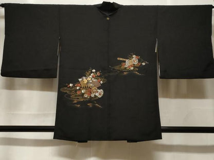 平和屋着物＃羽織　寿光織　扇面楽器花文　黒地　金銀糸　正絹　逸品　CABF3954ev