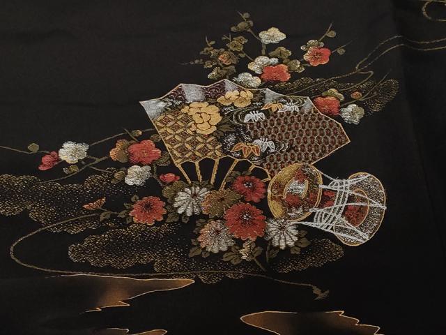 平和屋着物＃羽織　寿光織　扇面楽器花文　黒地　金銀糸　正絹　逸品　CABF3954ev