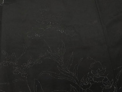 平和屋着物＃羽織　寿光織　草花文　黒地　銀糸　正絹　逸品　CABF3955ev