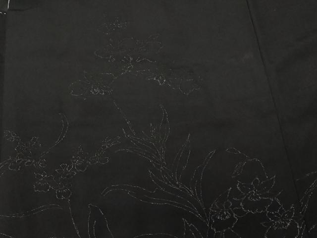 平和屋着物＃羽織　寿光織　草花文　黒地　銀糸　正絹　逸品　CABF3955ev
