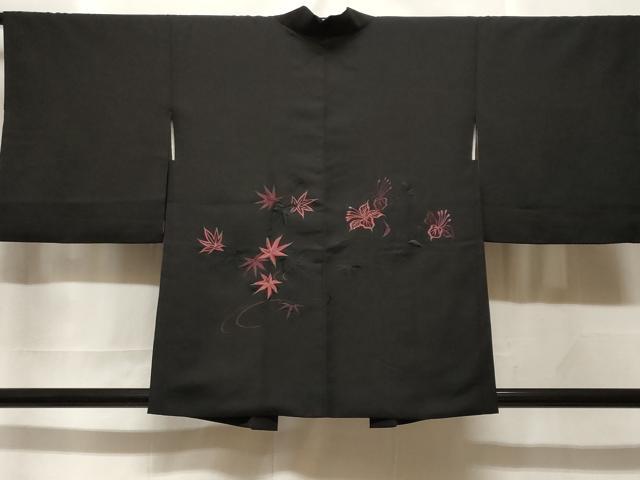 平和屋着物＃羽織　総刺繍　楓花文　黒地　正絹　逸品　CABF3957ev