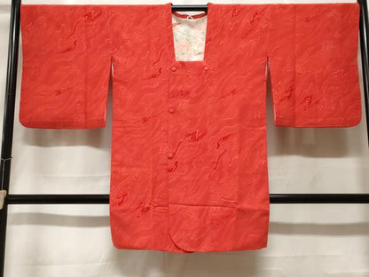 平和屋着物＃道行コート　色無地　輪奈ビロード　墨流し地紋　朱色　正絹　逸品　CABF3958ev