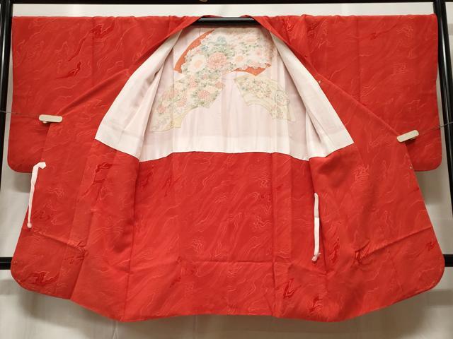 平和屋着物＃道行コート　色無地　輪奈ビロード　墨流し地紋　朱色　正絹　逸品　CABF3958ev