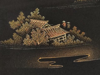平和屋着物＃羽織　寿光織　人物風景文　暈し染め　黒地　金糸　正絹　逸品　CABF3960ev