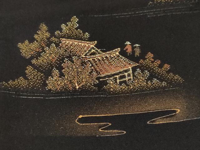 平和屋着物＃羽織　寿光織　人物風景文　暈し染め　黒地　金糸　正絹　逸品　CABF3960ev