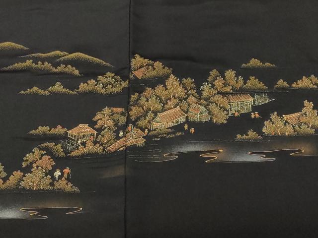 平和屋着物＃羽織　寿光織　人物風景文　暈し染め　黒地　金糸　正絹　逸品　CABF3960ev
