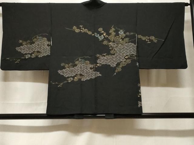 平和屋着物＃羽織　寿光織　雲取り枝菊文　黒地　金銀糸　正絹　逸品　CABF3966ev