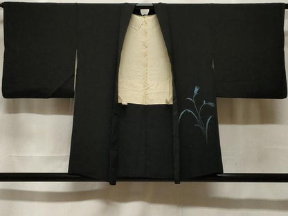 平和屋着物＃羽織　総刺繍　草花文　黒地　正絹　逸品　CABF3971ev