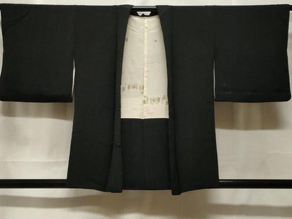 平和屋着物＃羽織　寿光織　笹竹文　黒地　銀糸　正絹　逸品　CABF3974ev