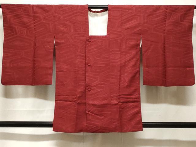 平和屋着物＃道行コート　幾何学地紋　濃紅色　正絹　逸品　CABF3980ev