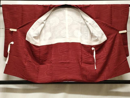 平和屋着物＃道行コート　幾何学地紋　濃紅色　正絹　逸品　CABF3980ev
