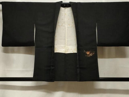 平和屋着物＃羽織　寿光織　枝花文　暈し染め　黒地　金銀糸　正絹　逸品　CABF3981ev
