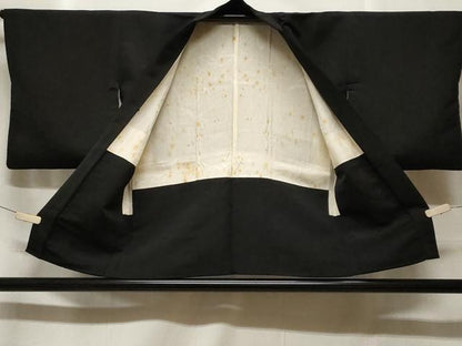 平和屋着物＃羽織　寿光織　枝花文　暈し染め　黒地　金銀糸　正絹　逸品　CABF3981ev
