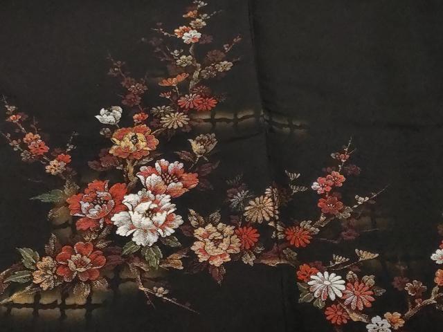 平和屋着物＃羽織　寿光織　枝花文　暈し染め　黒地　金銀糸　正絹　逸品　CABF3981ev
