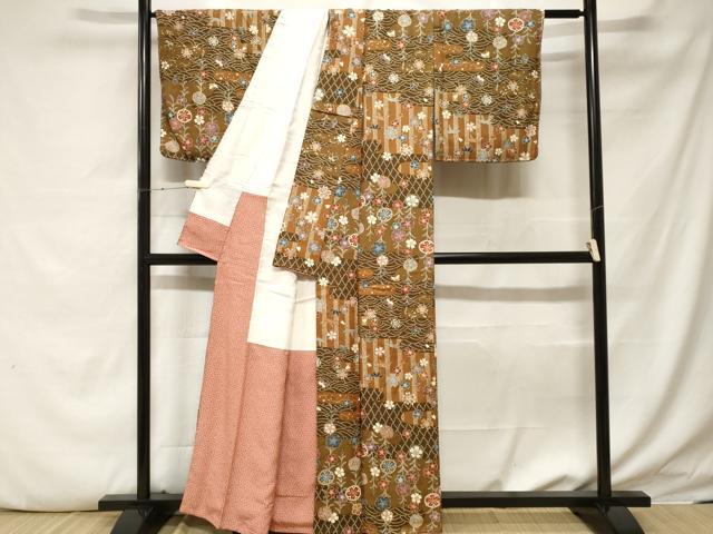 平和屋着物■上質な小紋 笹吉祥花蝶文 金彩 正絹 逸品 未使用 CABF4035ev