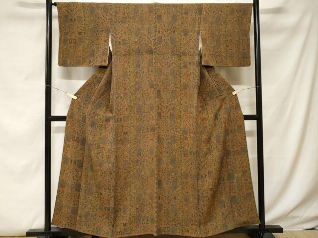 平和屋着物■上質な小紋 更紗幾何学文 鬼しぼ縮緬 正絹 逸品 CABF4042ev