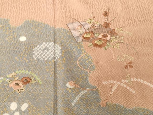 平和屋着物▽中国三大刺繍　スワトウ刺繍　訪問着　単衣　駒刺繍　流水雪輪花文　暈し染め　金彩　正絹　逸品　CAAW1360xi 平和屋着物□中国三大刺繍 スワトウ刺繍 絞り 雪輪草花文 金彩 訪問