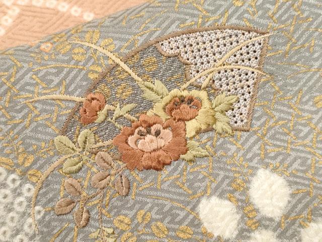 平和屋着物□中国三大刺繍 スワトウ刺繍 絞り 雪輪草花文 金彩 訪問
