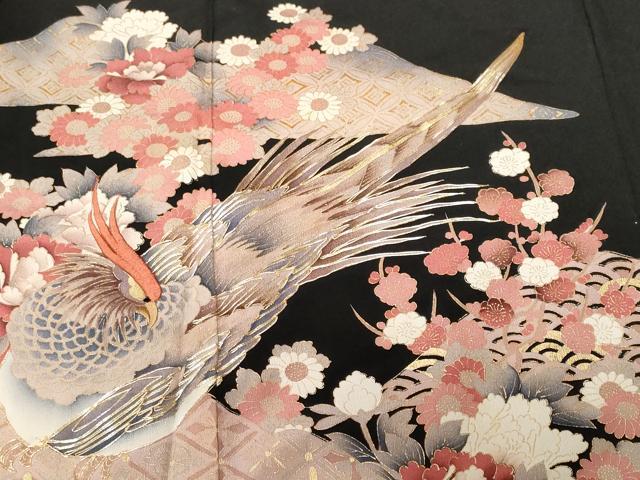 平和屋着物■豪華黒留袖 駒刺繍 尾長鳥遠山草花文 暈し染め 金彩 正絹 逸品 CABF4048ev