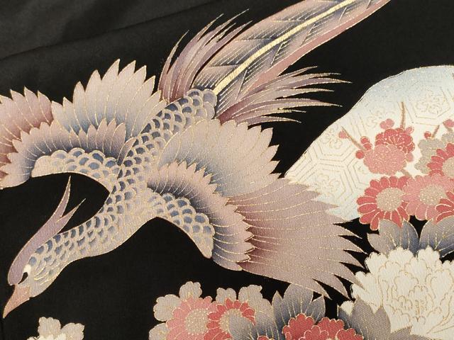 平和屋着物■豪華黒留袖 駒刺繍 尾長鳥遠山草花文 暈し染め 金彩 正絹 逸品 CABF4048ev