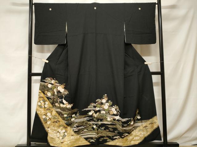 平和屋着物■豪華黒留袖　群鶴　流水草花文　金彩　正絹　逸品　CABF4053ev