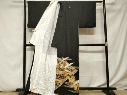 平和屋着物■豪華黒留袖 地紙飛鶴草花文 金彩 正絹 逸品 CABF4055ev