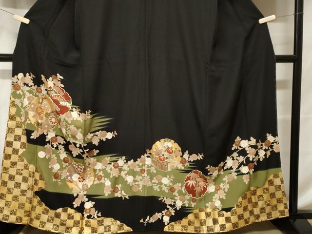 平和屋着物■豪華黒留袖 駒刺繍 市松雪輪枝花文 暈し染め 金彩 正絹 逸品 CABF4094ev