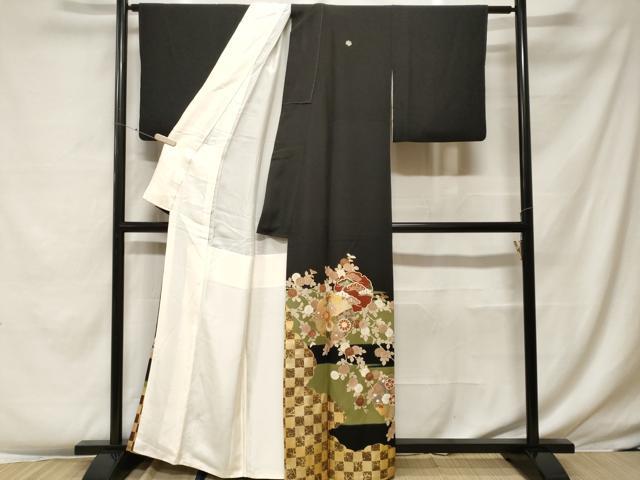 平和屋着物■豪華黒留袖 駒刺繍 市松雪輪枝花文 暈し染め 金彩 正絹 逸品 CABF4094ev