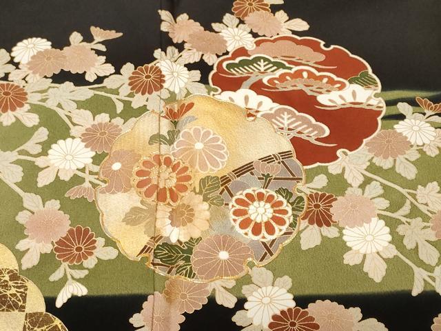 平和屋着物■豪華黒留袖 駒刺繍 市松雪輪枝花文 暈し染め 金彩 正絹 逸品 CABF4094ev