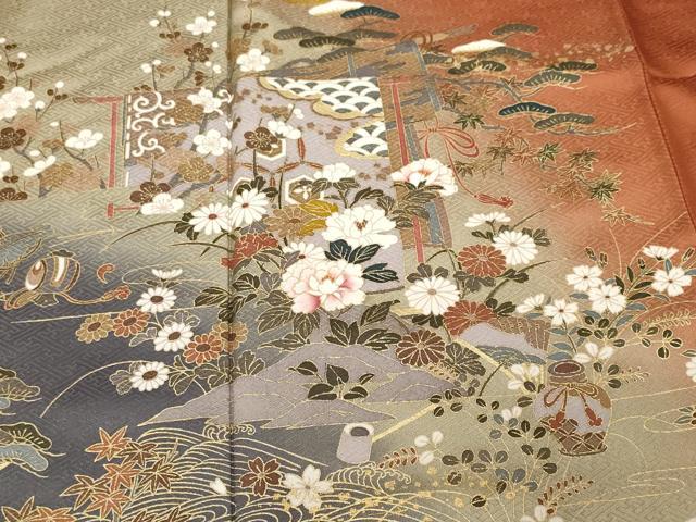 平和屋着物■訪問着 流水吉祥花蝶紋 暈し染め 金彩 正絹 逸品 CABF4095ev