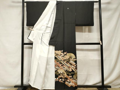 平和屋着物■豪華黒留袖 松竹梅扇面花文 金彩 正絹 逸品 CABF4100ev
