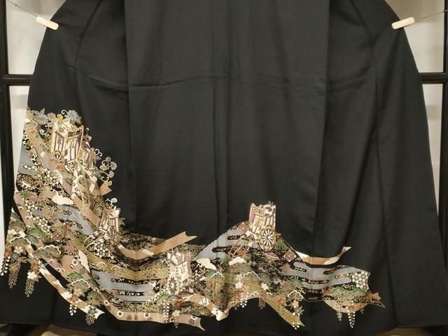 平和屋着物■豪華黒留袖 駒刺繍 御所車宝尽くし飛鶴文 金銀彩 正絹 逸品 CABF4104ev