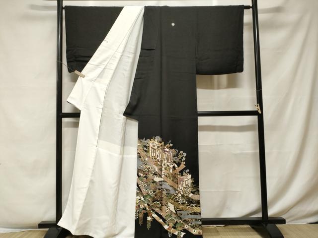 平和屋着物■豪華黒留袖 駒刺繍 御所車宝尽くし飛鶴文 金銀彩 正絹 逸品 CABF4104ev