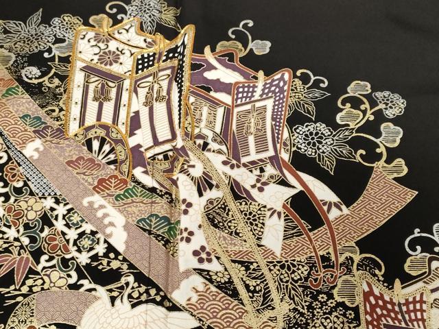 平和屋着物■豪華黒留袖 駒刺繍 御所車宝尽くし飛鶴文 金銀彩 正絹 逸品 CABF4104ev