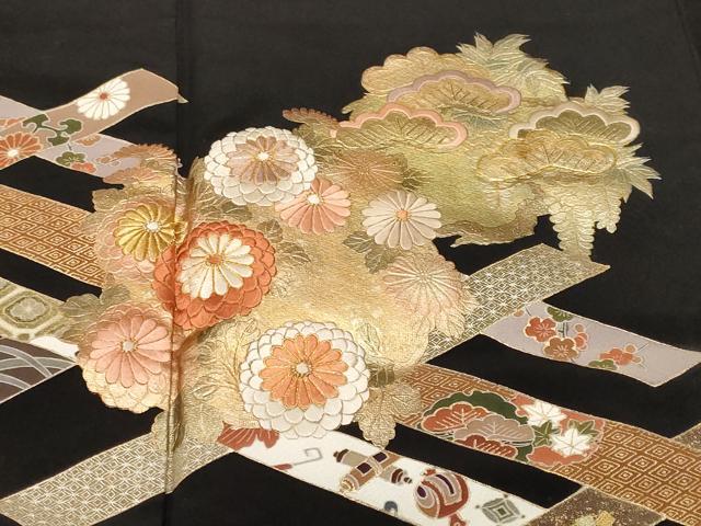 平和屋着物■豪華黒留袖 駒刺繍 吉祥草花文 金彩 正絹 逸品 CABF4113ev