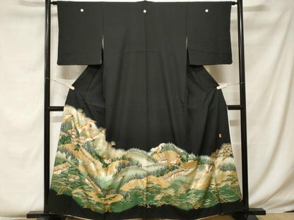 平和屋着物■豪華黒留袖 駒刺繍 萬寿染 飛鶴風景文 暈し染め 金彩 正絹 逸品 CABF4123ev