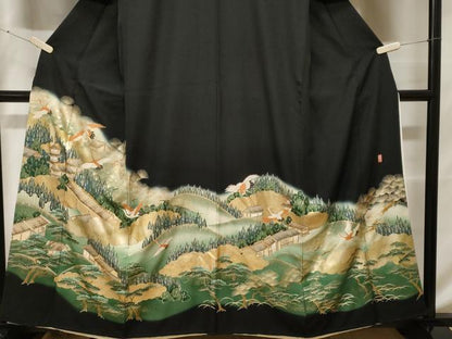 平和屋着物■豪華黒留袖 駒刺繍 萬寿染 飛鶴風景文 暈し染め 金彩 正絹 逸品 CABF4123ev