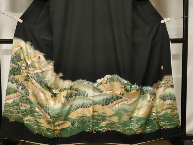 平和屋着物■豪華黒留袖 駒刺繍 萬寿染 飛鶴風景文 暈し染め 金彩 正絹 逸品 CABF4123ev