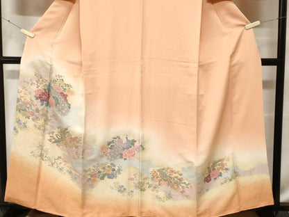平和屋着物■色留訪問着　寿光織　孔雀草花文　暈し染め　金糸　正絹　逸品　CABF4136ev