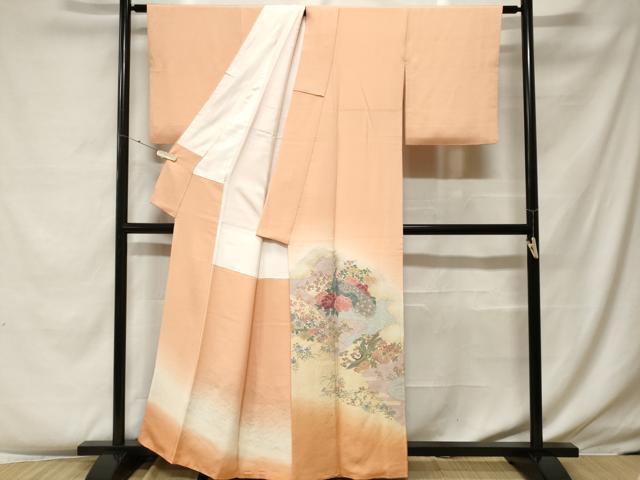 平和屋着物■色留訪問着　寿光織　孔雀草花文　暈し染め　金糸　正絹　逸品　CABF4136ev