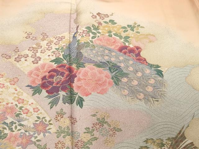 平和屋着物■色留訪問着　寿光織　孔雀草花文　暈し染め　金糸　正絹　逸品　CABF4136ev