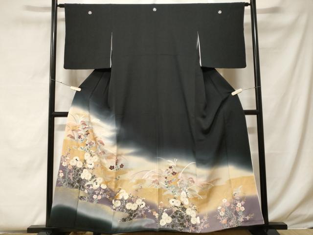 平和屋着物■豪華黒留袖 飛鶴草花文 暈し染め 金銀彩 正絹 逸品 CABF4183ev