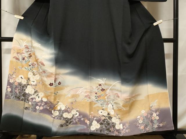 平和屋着物□豪華黒留袖 飛鶴草花文 暈し染め 金銀彩