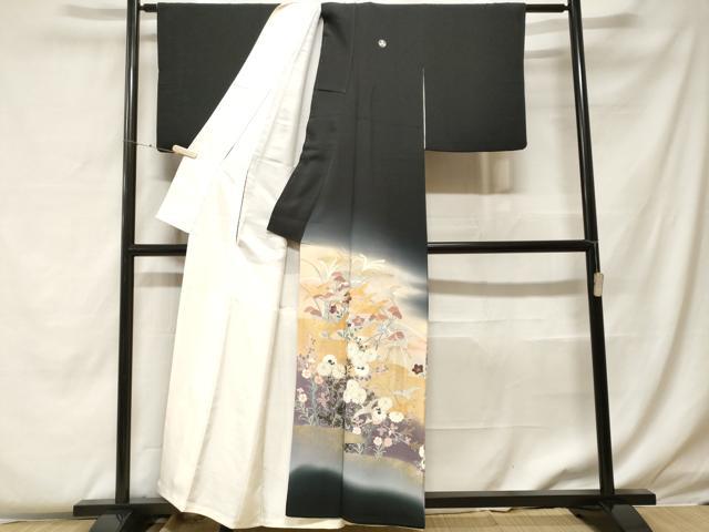 平和屋着物□豪華黒留袖 飛鶴草花文 暈し染め 金銀彩