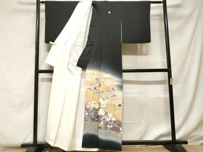 平和屋着物■豪華黒留袖 飛鶴草花文 暈し染め 金銀彩 正絹 逸品 CABF4183ev