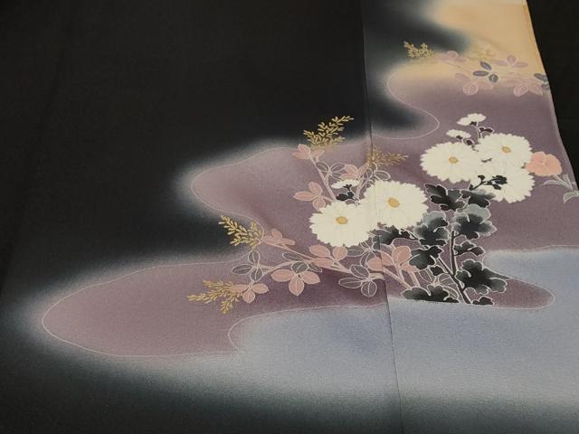 平和屋着物■豪華黒留袖 飛鶴草花文 暈し染め 金銀彩 正絹 逸品 CABF4183ev