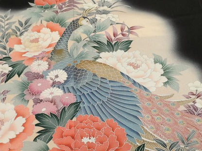 平和屋着物■豪華黒留袖　刺繍　孔雀草花文　暈し染め　金銀彩　正絹　逸品　CABF4188ev