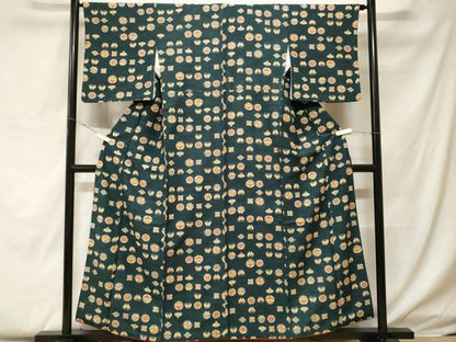 平和屋着物■上質な小紋　紬地　型染め　吉祥花蝶文　正絹　逸品　CABF4195ev