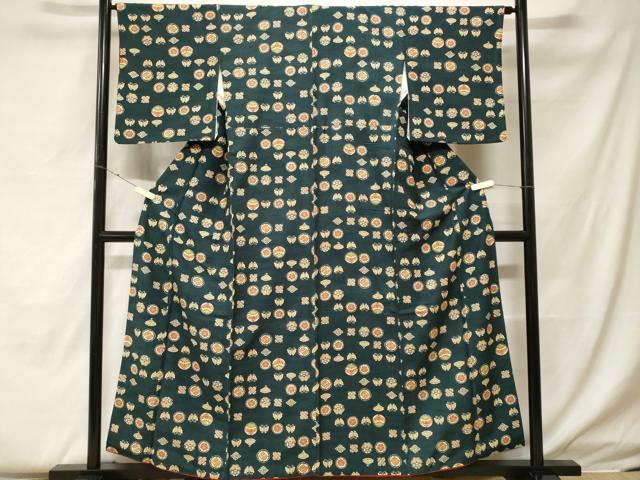 平和屋着物■上質な小紋　紬地　型染め　吉祥花蝶文　正絹　逸品　CABF4195ev